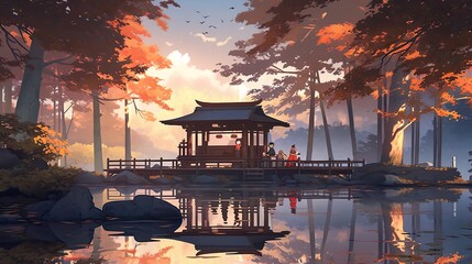 Wall Mural - A painting of a pagoda in the middle of a lake. AI generative.