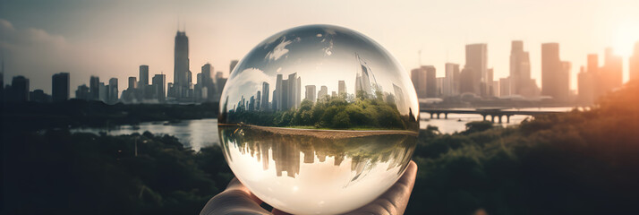 Skyline of a city through a glass orb in hand, Generative AI