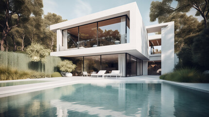 modern house by the pool. Architecture concept. engineer. plays. construction. made with ai