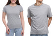 © New Africa - People wearing grey t-shirts on white background, closeup. Mockup for design