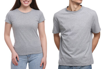 Wall Mural - People wearing grey t-shirts on white background, closeup. Mockup for design