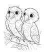 Hand drawn vector coloring page of cartoonish pair of Rio Parrot in a jungle. Coloring page for kids and adults. Print design, t-shirt design, tattoo design, mural art, line art. 