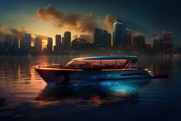 Sticker - Boat at night in the port. AI generated, human enhanced.