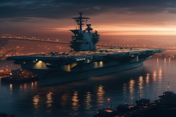 Wall Mural - Aircraft carrier at night. Military strategic ship. AI generated, human enhanced.