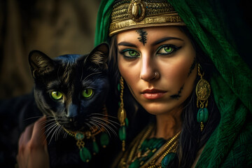 Poster - Beautiful oriental woman and black cat. Neural network AI generated art