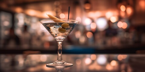 close up of a martini cocktail, blurred people and bar lights at the background, generative AI