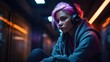 © ME_Photography - A woman wearing headphones in a metro train with neon lights, cyberpunk style, ai, ai generative, illustration