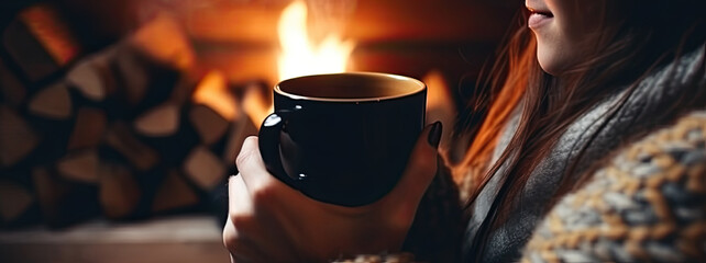 a woman comfortably drinks a cup of coffee or cocoa by the fireplace. Generative AI