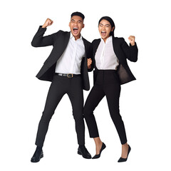 Portrait of a couple Young businessman and businesswoman celebrating happy make a winner gesture success together concept, Full body person isolated on white transparent background, ai generate