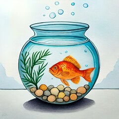 light watercolor, glass fishbowl containing tropical fish