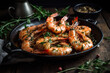 Platter with shrimps and topped with herbs. Fresh summer salad with shrimp. Fried shrimp with garlic and lemon in a pan seafood. 3D realistic illustration. Generative AI