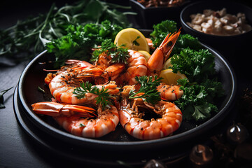 Wall Mural - Platter with shrimps and topped with herbs. Fresh summer salad with shrimp. Fried shrimp with garlic and lemon in a pan seafood. 3D realistic illustration. Generative AI