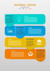 Wall Mural - business template simple 4 options infographic multi colored squares vertical letters and icons white gray gradient background design for marketing, project, product, finance, planning, investment