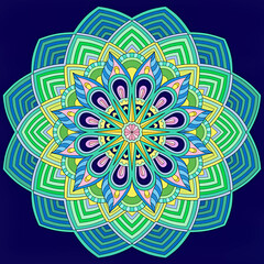 Wall Mural - mandala in the shape of a flower with a mix of colors, blue, green, yellow and purple 