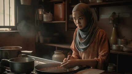 muslim woman cooking in kitchen at home, asian food concept, Generative AI