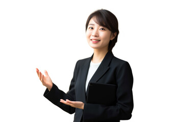 Asian businesswoman holding a tablet computer and showing something isolated on white background, Generative AI