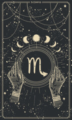 Wall Mural - card for stories with zodiac sign scorpio hand drawn, vintage boho illustration of astrology, black 