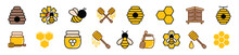 Honey And Beekeeping Colors Icons Vector Set With Editable Stroke. Bee, Beehive, Honeycomb, Honey, Jars, Hive, Spoons, Flowers Icons Collection On White Background. Vector Illustration
