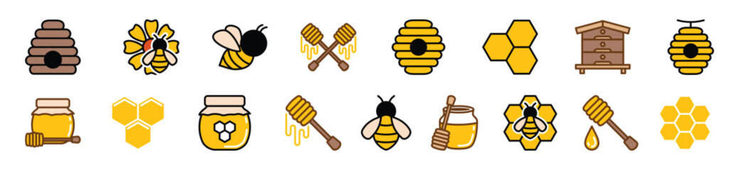 Honey and beekeeping colors icons vector set with editable stroke. Bee, beehive, honeycomb, honey, jars, hive, spoons, flowers icons collection on white background. Vector illustration