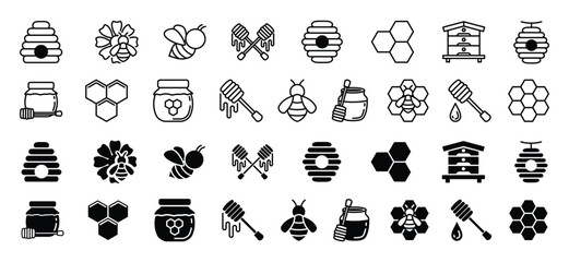 honey and beekeeping line and flat icons vector set with editable stroke. bee, beehive, honeycomb, h