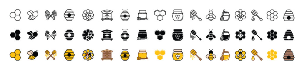 honey and beekeeping line, flat, and color icons vector set with editable stroke. bee, beehive, hone