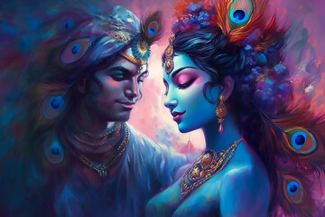 Divine love story of Hindu gods Radha and Krishna through a contemporary art