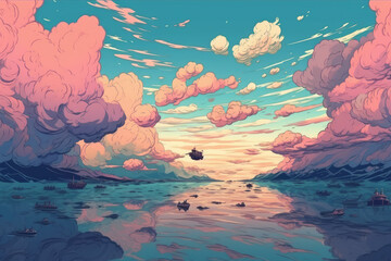 Lost in the Serenity of a Dreamy Blue Ocean and Pink Clouds: A Nostalgic and Detailed Anime Art Illustration, Generative AI.