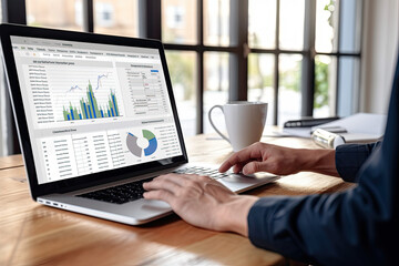 Wall Mural - Business person analyzing accounting data on a laptop screen, concept of data visualization, graphs, charts, infographics, dashboard, financial data, collaboration, discussion