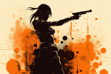 Murder, crime, aggression, self defense art illustration concept. Silhouette of woman with weapon, faceless person aims pistol to side. Generative AI