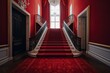 © juliiapanukoffa - Modern Elegance and Luxury: An Indoor Staircase with a Red Carpet Entrance, Perfect for Celebrations and Home Decoration: Generative AI