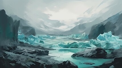 Wall Mural - The Ecosystem of Iceland: A Morning View of its Majestic Glaciers and Nature's Bright Abstract Painting. Generative AI