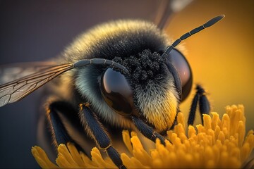 macro shot of a bee gathering pollen, generative ai