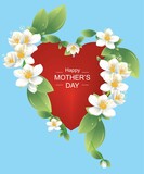 Fototapeta  - mother's day composition with red heart and flowers