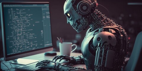 Wall Mural - artificial intelligence robot using computer software for gpt binary coding. distinct generative ai 