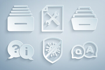 Sticker - Set Stop virus, bacteria, Drawer with documents, Question and Exclamation, Answer, File service and icon. Vector