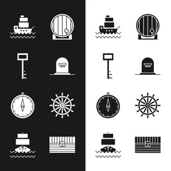 Sticker - Set Tombstone with RIP written, Pirate key, Ship, Wooden barrel, Compass, steering wheel, Antique treasure chest and icon. Vector