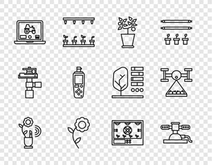 Sticker - Set line Smart farming technology, Automatic irrigation sprinklers, Plant pot, Flower, Laptop application for smart, Portable sensor, and with drone icon. Vector