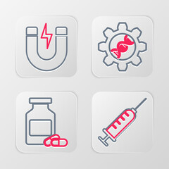 Poster - Set line Syringe, Medicine bottle and pills, Genetic engineering and Magnet with lightning icon. Vector