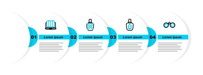 Wall Mural - Set line Binoculars, Canteen water bottle, and Location of the forest laptop icon. Vector