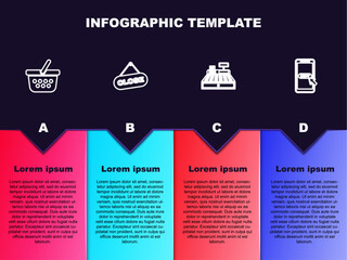 Wall Mural - Set line Shopping basket, Hanging sign with Close, Cash register machine and Mobile and shopping cart. Business infographic template. Vector