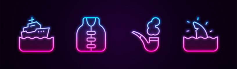 Sticker - Set line Cruise ship, Life jacket, Smoking pipe and Shark fin ocean wave. Glowing neon icon. Vector