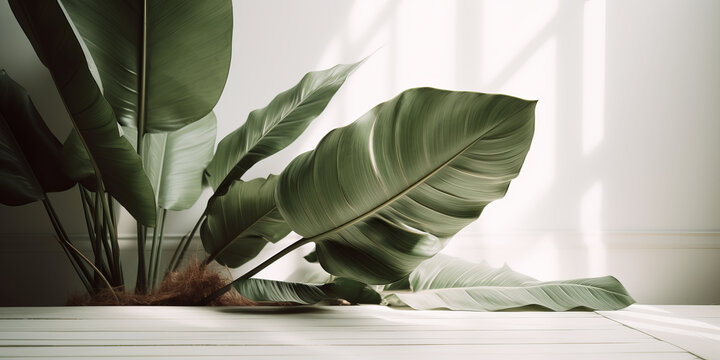 Wall Mural - large green leaves of tropical plants in a white room with light from the window. AI generative