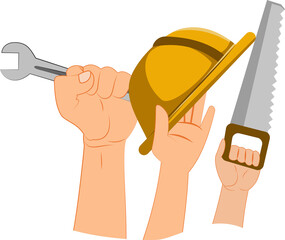 hand hold helmet project. hand hold wrench. hand hold chainsaw. labor day illustration background. craftsman. laborer. mechanic. worker