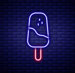 Canvas Print - Glowing neon line Ice cream icon isolated on brick wall background. Sweet symbol. Colorful outline concept. Vector