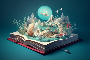 World book day, fantasy, and leisure concept. 3D, paper art style Illustration of magical book with fantasy stories inside it. Generative AI