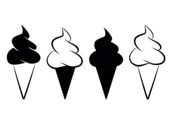 Wall Mural - ice cream - set of black and white symbol of soft serve ice creams in a cone, vector illustration is