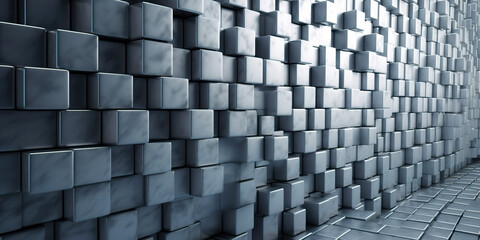 Wall Mural -  This AI-generated image features a 3D pattern of protruding gray cubes in varying depths, creating a repetitive, geometric, and architectural texture on a wall.
