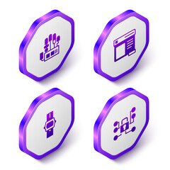 Sticker - Set Isometric Mechanical robot hand, Browser window, Wrist watch and Cyber security icon. Purple hexagon button. Vector