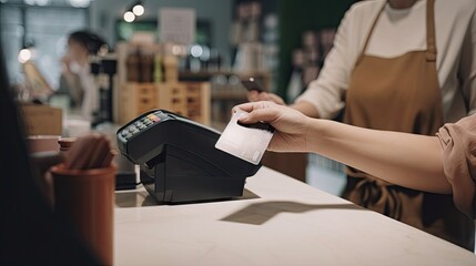 Poster - A woman is paying a piece of paper at a cash register. AI generative image.