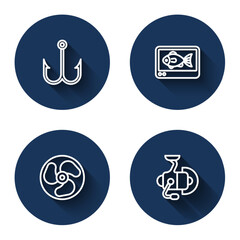 Sticker - Set line Fishing hook, finder echo sounder, Outboard boat motor and Spinning reel for fishing with long shadow. Blue circle button. Vector